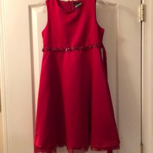 Red polyester dress. Jacket is velour.
